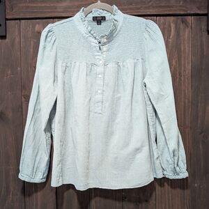 J.Crew Smocked Yoke Ruffle Neck Sage Green Long Sleeve Blouse Medium